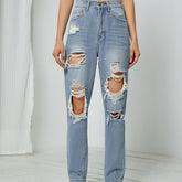 Pantalon droit délavé avec trous cassés, jean taille haute